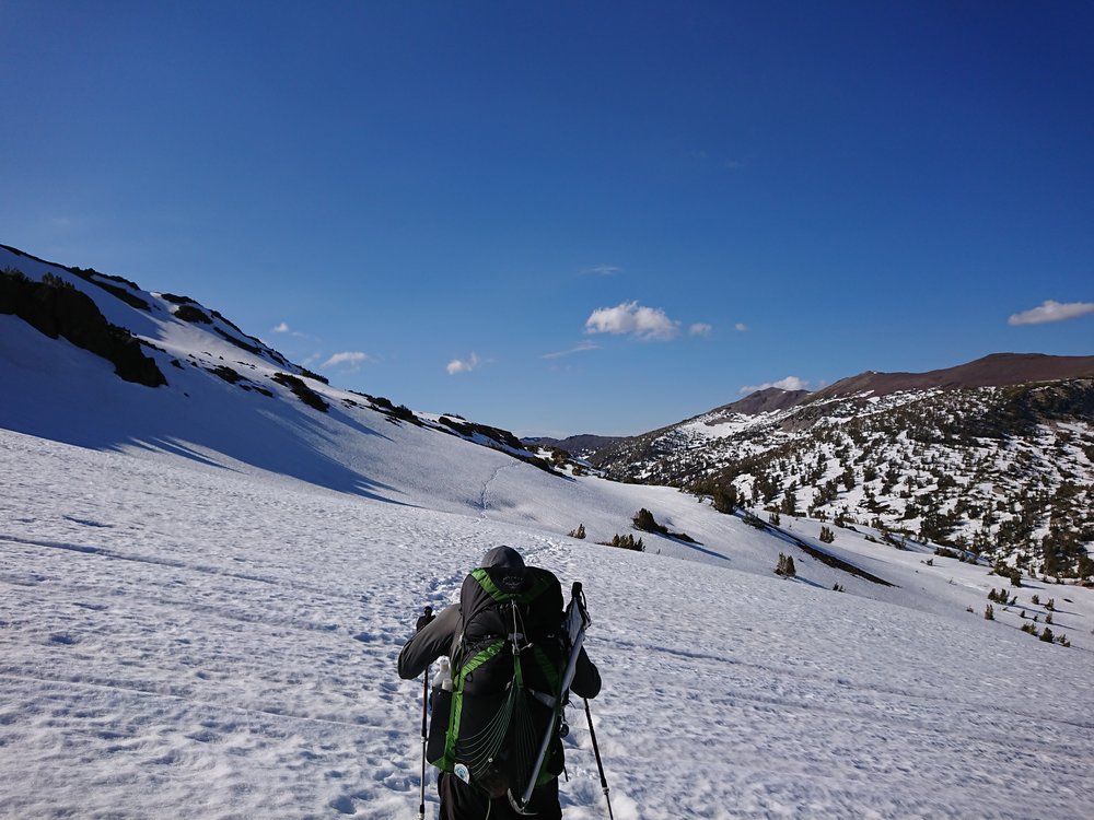  Starting the final descent after the high elevation after Sonora Pass still plenty of snow 