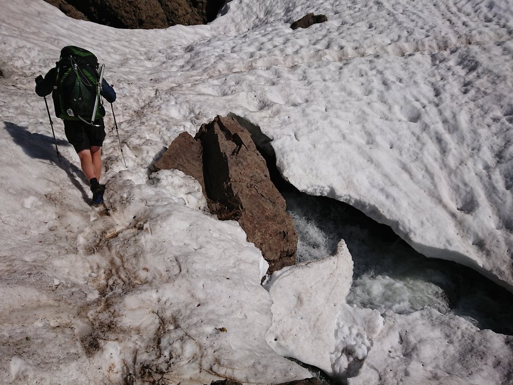 Crossing creeks on snow bridges is nice but can be very scary 